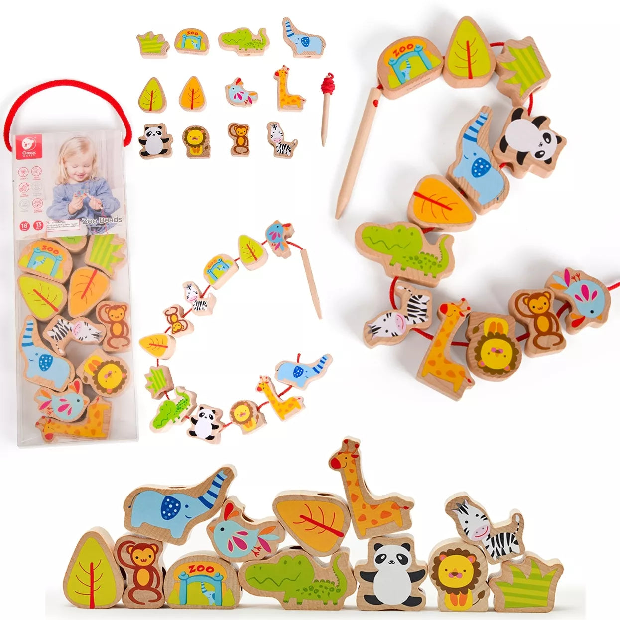 CLASSIC WORLD mediniai siūlų vėrimo kaladėlės ZOO 13 vnt.